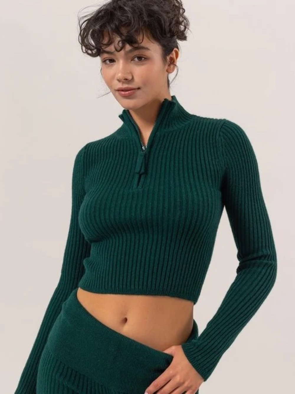 Double Zero Forest Green Ribbed Half-Zip Cropped Athletic Sweater Size Small